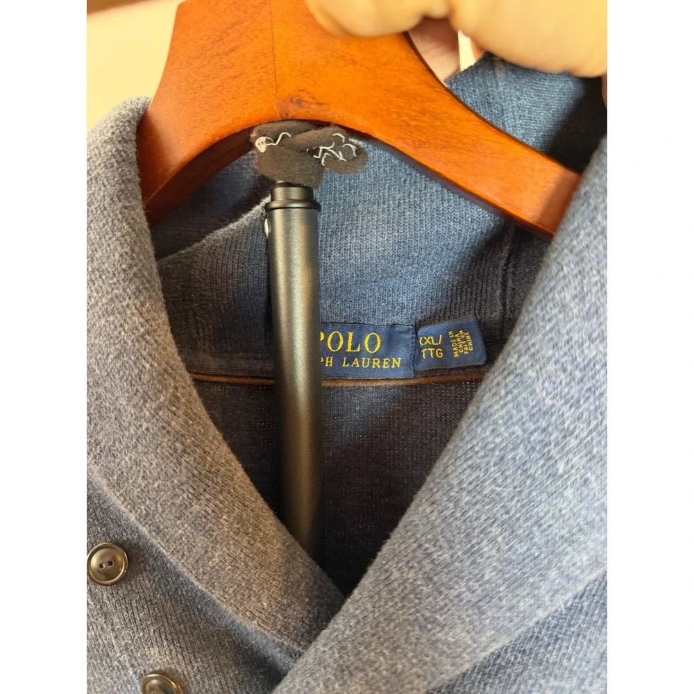 Polo Ralph Lauren Mens XL Shawl Collar Button Pullover Sweater Blue Heather Pony